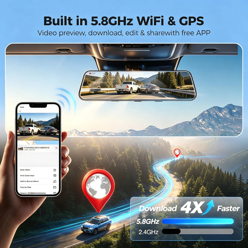 4K+2.5K Mirror Dash Cam with Front IMX678 & Rear, 10" Rear View Mirror Camera, 170° Wide-Angle, Reversing Aid, G-sensor, Looped Recording, Night Vision, 5.8GHz WiFi, External GPS, ADAS & BSD & LCA, 64G TF Card, X10 Pro Max