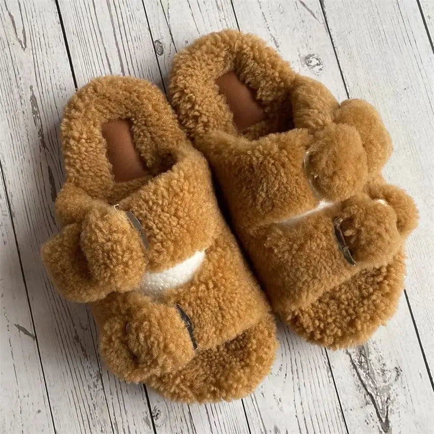 Cute Fluffy House Slippers For Woman Real Lamb Wool Slides Luxury Winter Warm Flip Flops Comfortable Plush Women's Mules Shoes