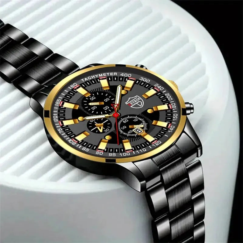 Luxury Men's Casual Fashion Business Golden Needle Digital Steel Band Quartz Watch Calendar Designed For Successful Men Classic
