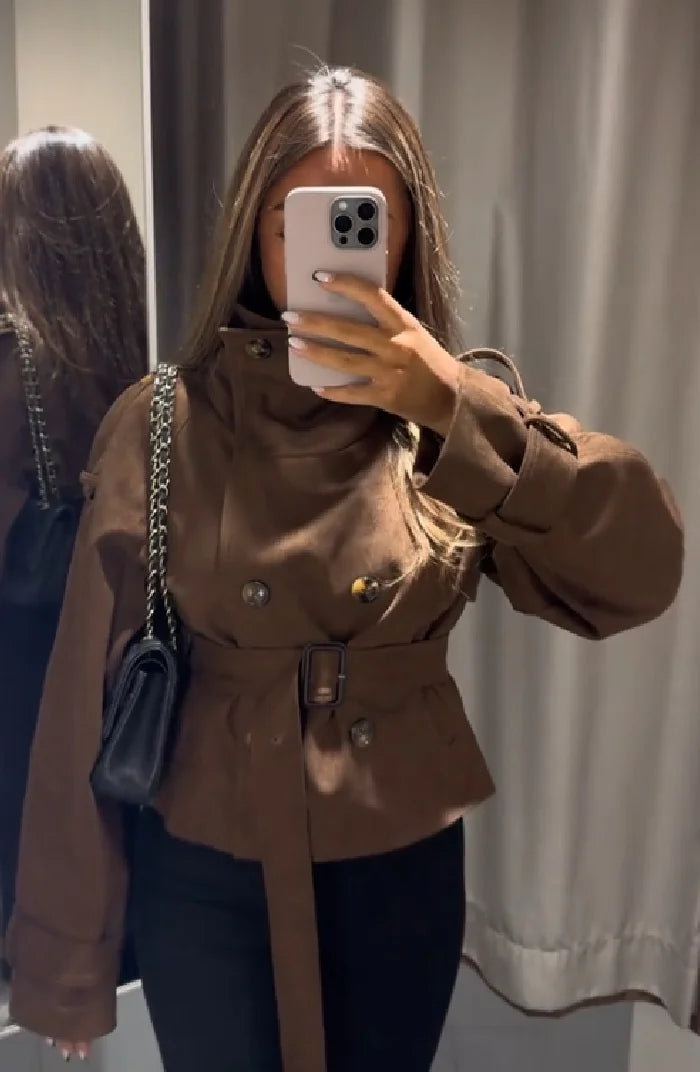 Women Vintage Cropped Coat Stand Collar Waist Slim Belt Double-breasted Jacket 2026 Autumn Winter Commute Office Party Outerwear