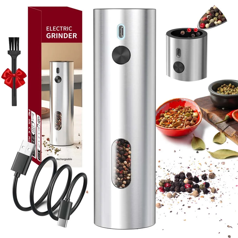 USB Rechargeable Salt and Pepper Grinder Set Stainless Steel Electric Pepper Grinder With 110ml Container Automatic Pepper Mills