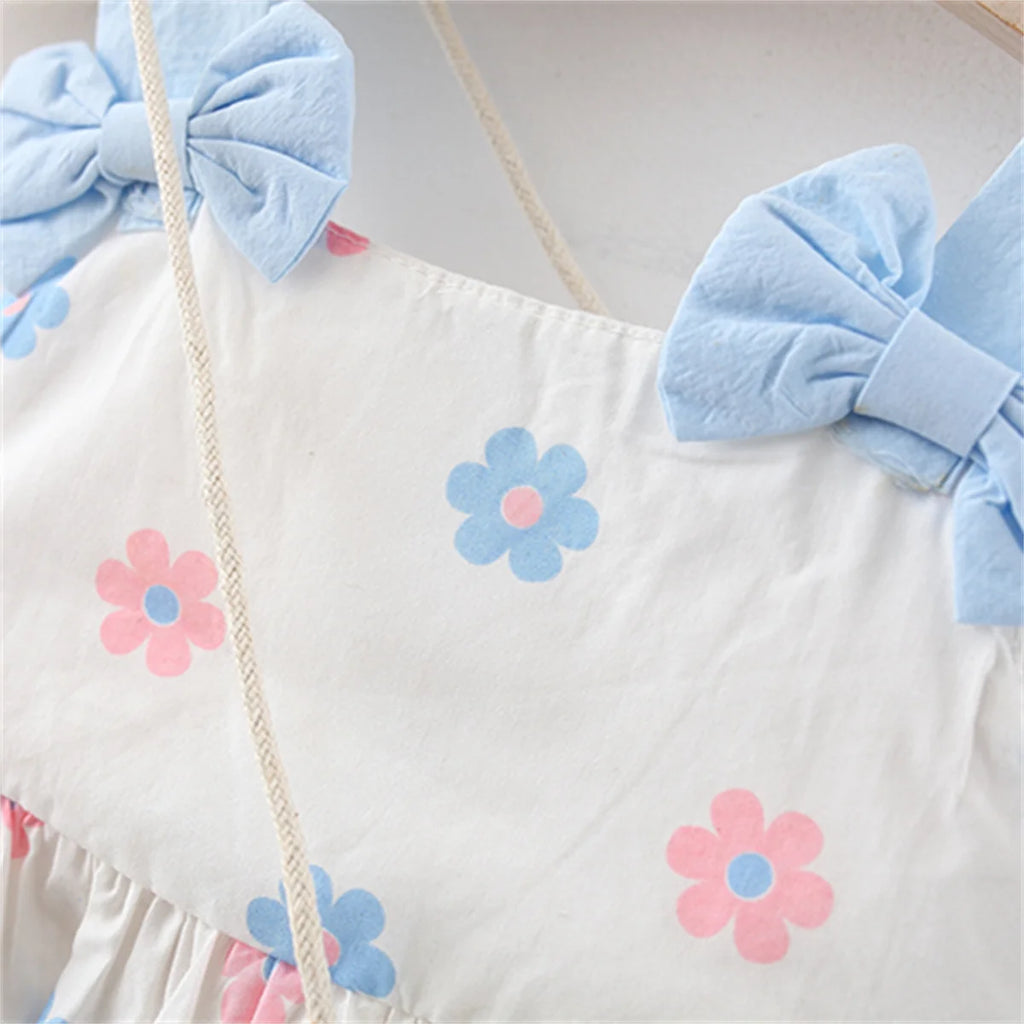 Summer Girls' Dress New 2 Pieces/Set Free Cute Bag Fresh Flower Bow Strap Daily Knee Length Cotton Comfortable Dress