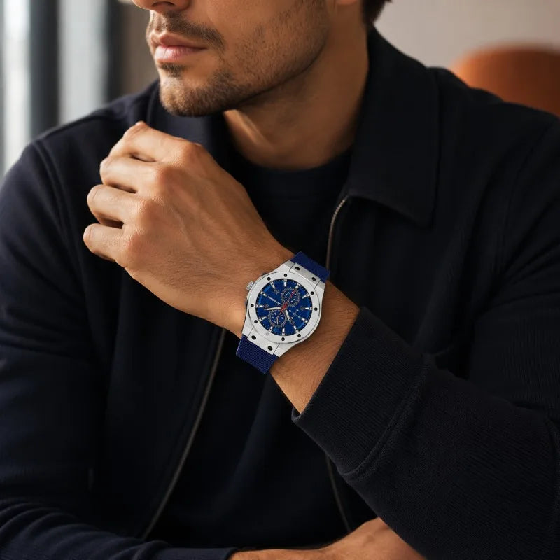 Blue-Dial Quartz Watch with Silicone Strap