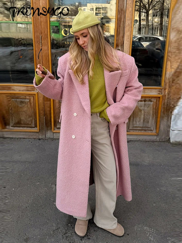 Women's Long Overcoats Lapel Full Sleeve Oversized Woolen Coats Autumn Female Double Breasted Solid Loose Jackets New Outerwears
