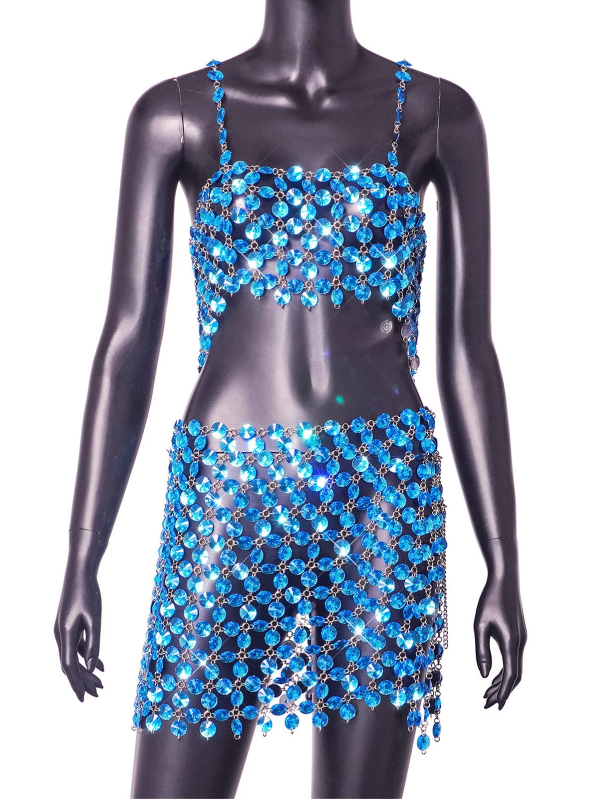 Sexy See Through Metal Rhinestone Summer Dress Women Backless Short Party Dresses Beach Club Birthday Evening Dress Sets Vestido
