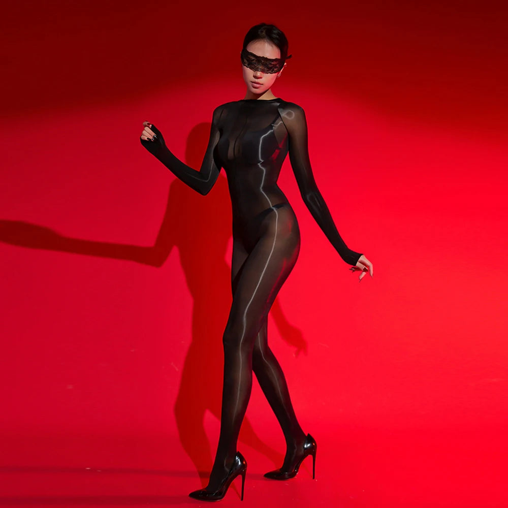Sexy Women 1D Thin Oil Glossy Shiny Elastic Bodysuit Sheer See Through Dot Maid Tights Jumpsuits Dance Shapping Leotard