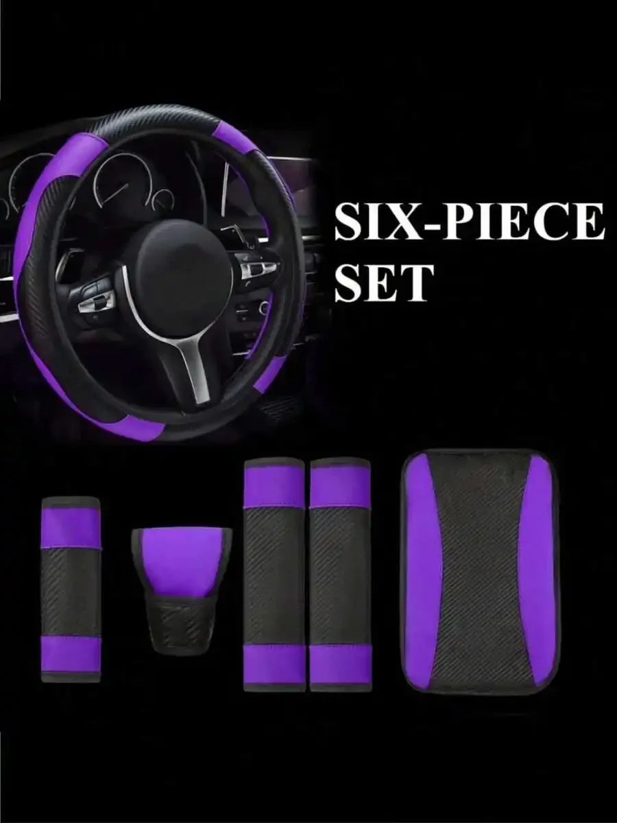 6-Piece PU Leather Car Interior Accessories Set Steering Wheel Cover Armrest Handbrake Seat Belt Covers For Sedan SUV Truck