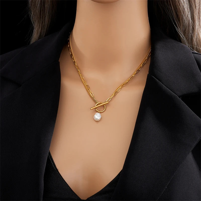 DIEYURO 316L Stainless Steel OT Clasp Large Pearl Pendant Necklace For Women New Girls 2-Layer Chain Jewelry Party Gifts Bijoux