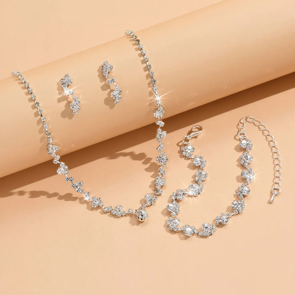 Classic sparkling rhinestone necklace, earrings, bracelet, three piece set suitable for sweet afternoon tea date outfit