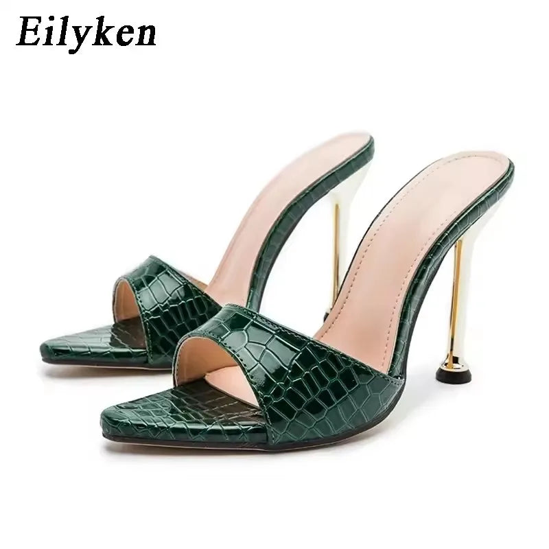 Eilyken Snake Print Strappy Mule Women Thin High Heels Slippers Sandals Pointed Peep Toe Slides Party Flip Flops Shoes