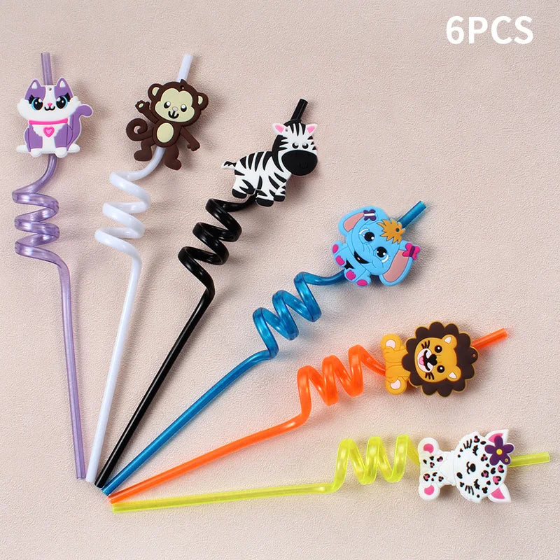 6pcs Zoo-themed Straws  Reusable Plastic Twisted Straws  Decorations for School, Kids' Birthdays, and Family Parties