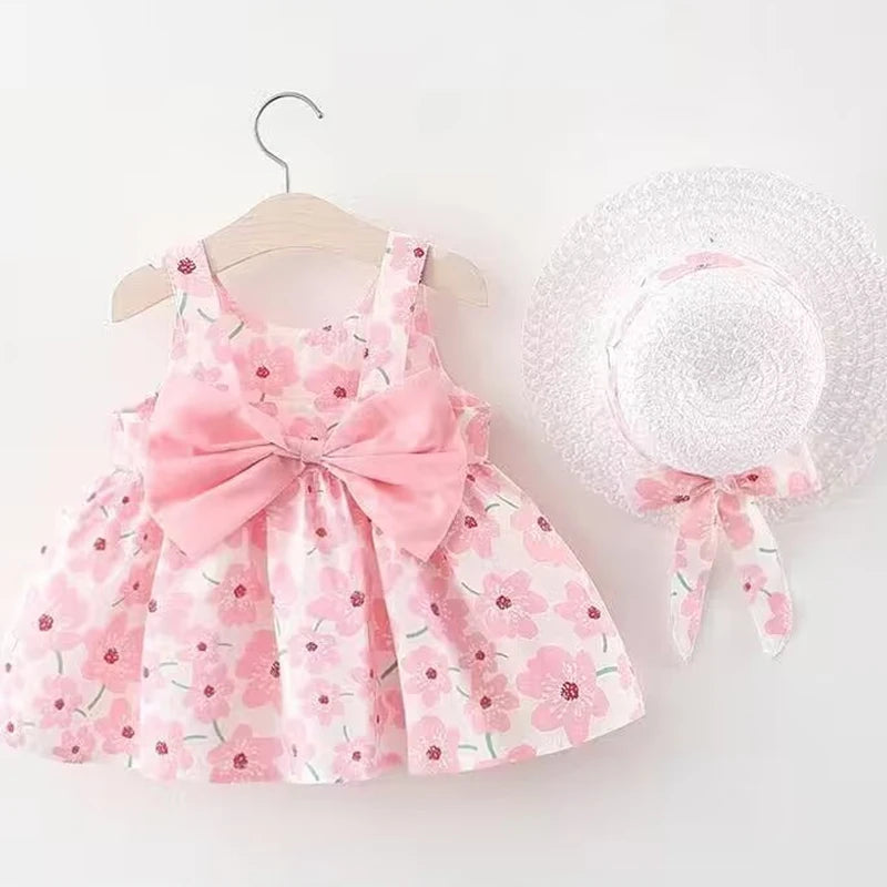 0-3-Year-Old Baby Clothes Summer Seaside Vacation Children's Dress Floral Sleeveless Bow Girl Princess Dress+Hat