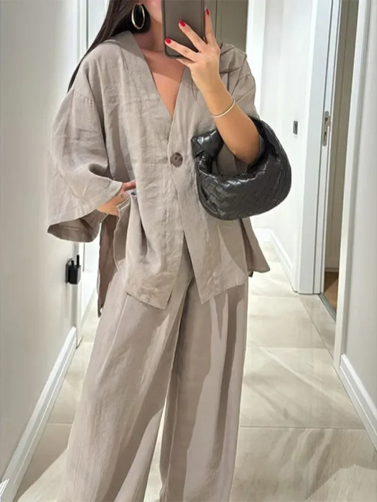 Cozy Cotton Linen Women's 2 Piece Set Casual V Neck Single Button Shirt Wide Leg Pants Suit Lady Summer Commute Streetwear 2025