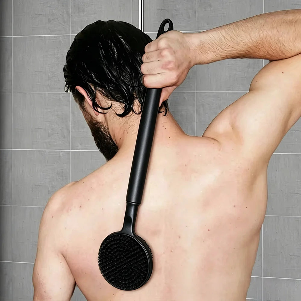 Silicone Scrubber Long Handle Exfoliating Shower Brush Double Sided Back Cleaning Dirt Remover Massage Bathing Body Skin Care