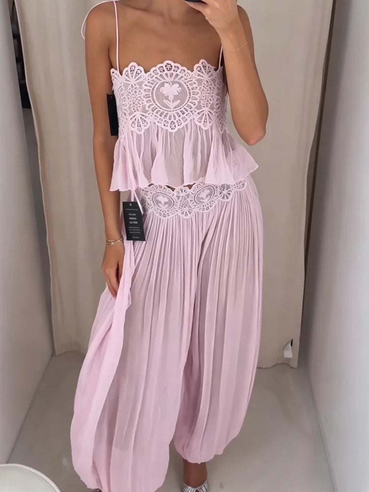 Beach Lace Hollow Out Women's Summer Pants Sets Lace Up Backless Spaghetti Strap Crop Top Loose Pleated Lantern Pant 2026 Suit