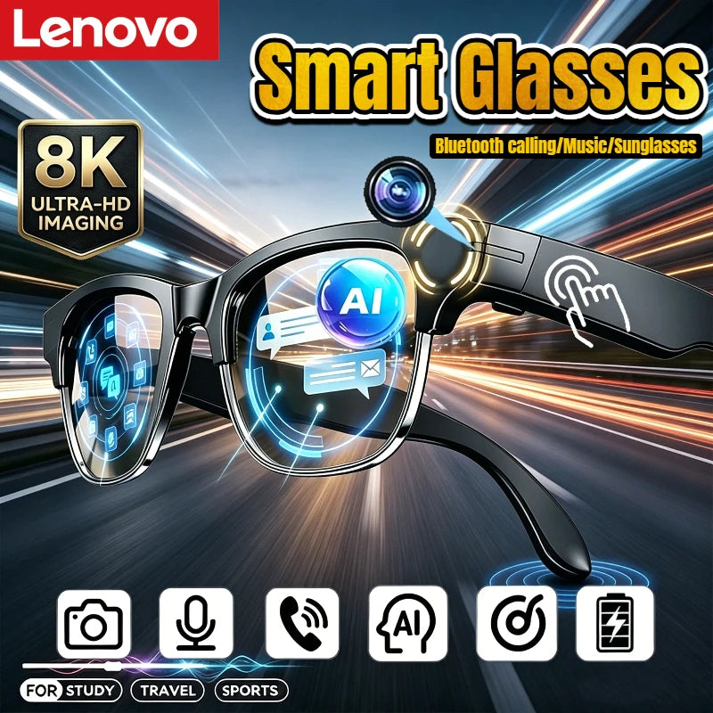 Lenovo AI Smart Glasses 8K Remote Control Touch Photo Camera Recording Translator Voice Assistant Wireless Bluetooth Eyewear