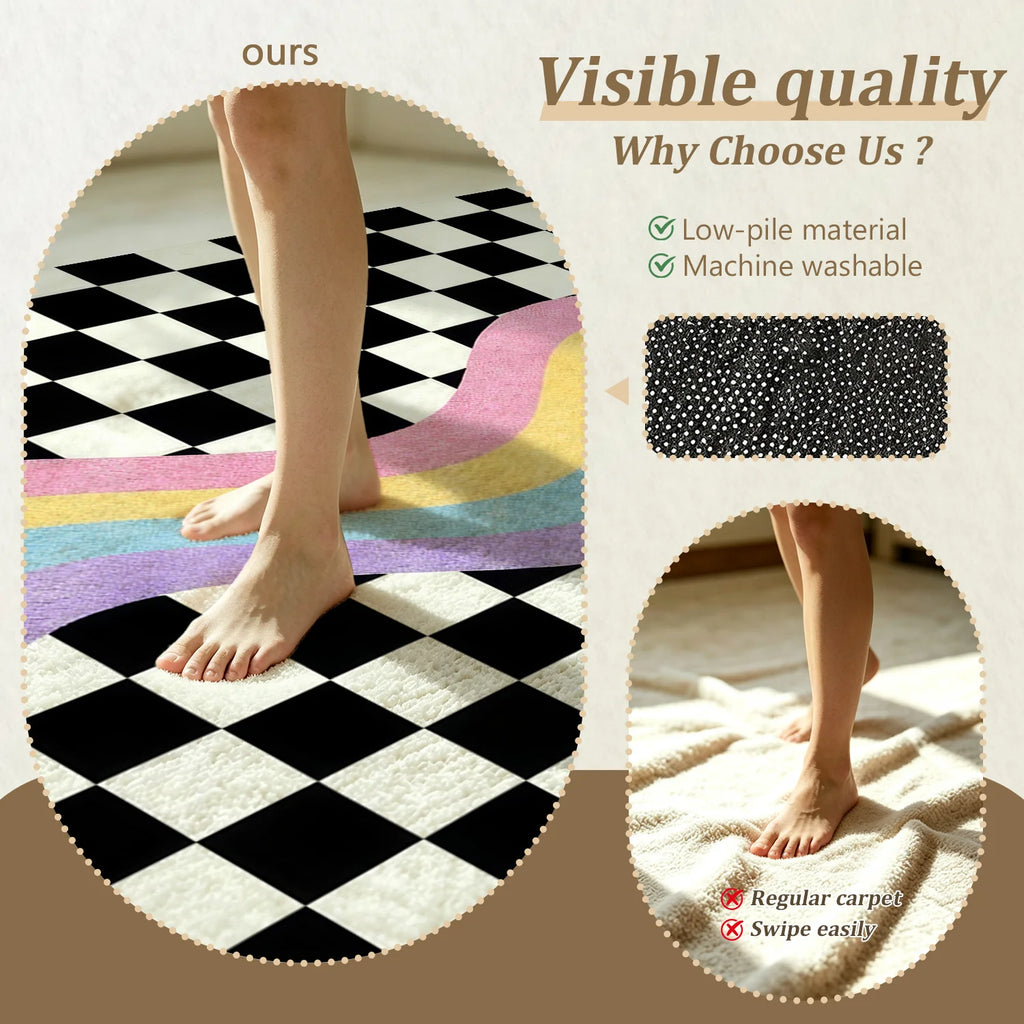 Large Indoor Area Rug, Soft Velvet Low Pile Checkered Retro Rainbow Wave Rug, Non-slip Dotted Backing, Machine Washable for Living Room, Bedroom