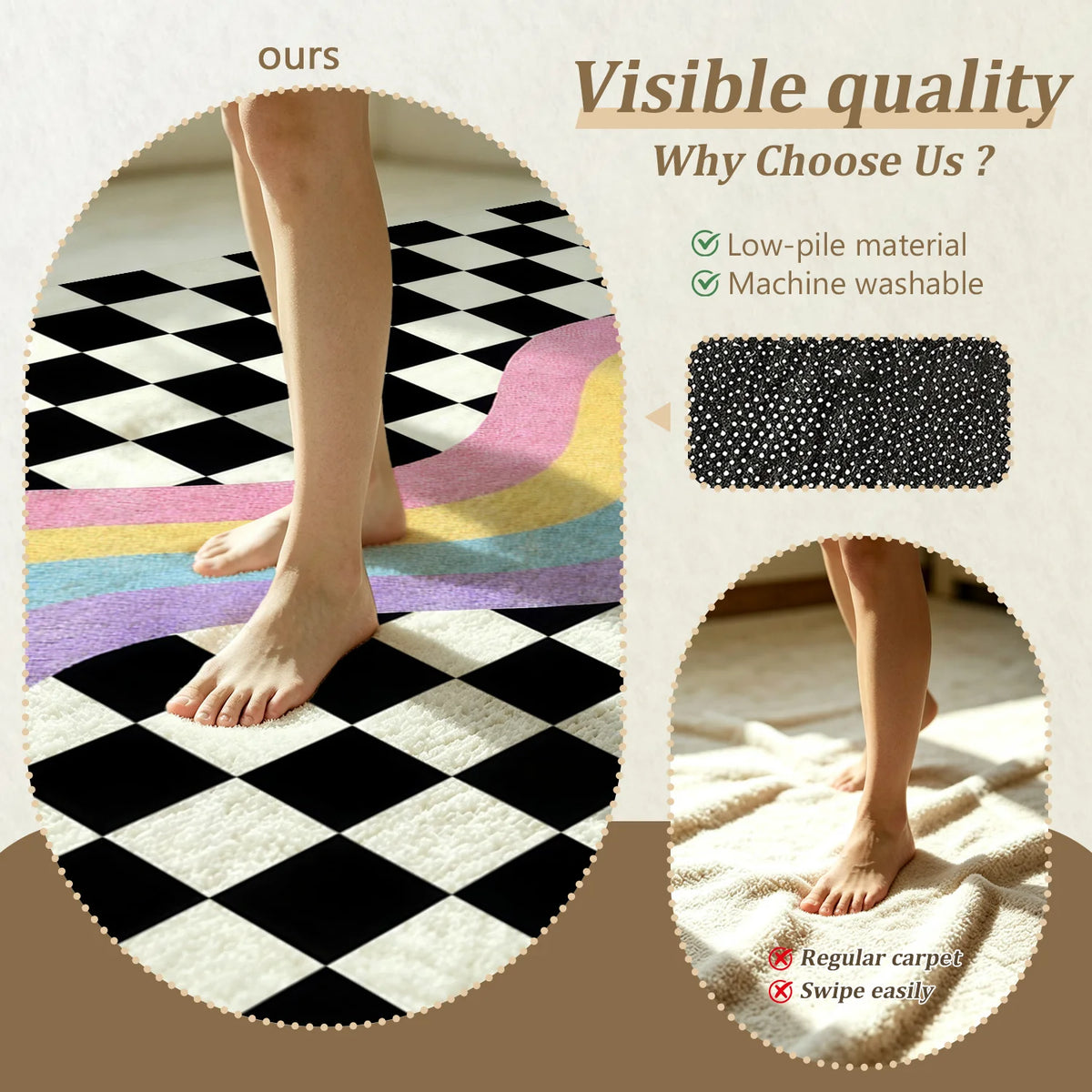 Large Indoor Area Rug, Soft Velvet Low Pile Checkered Retro Rainbow Wave Rug, Non-slip Dotted Backing, Machine Washable for Living Room, Bedroom