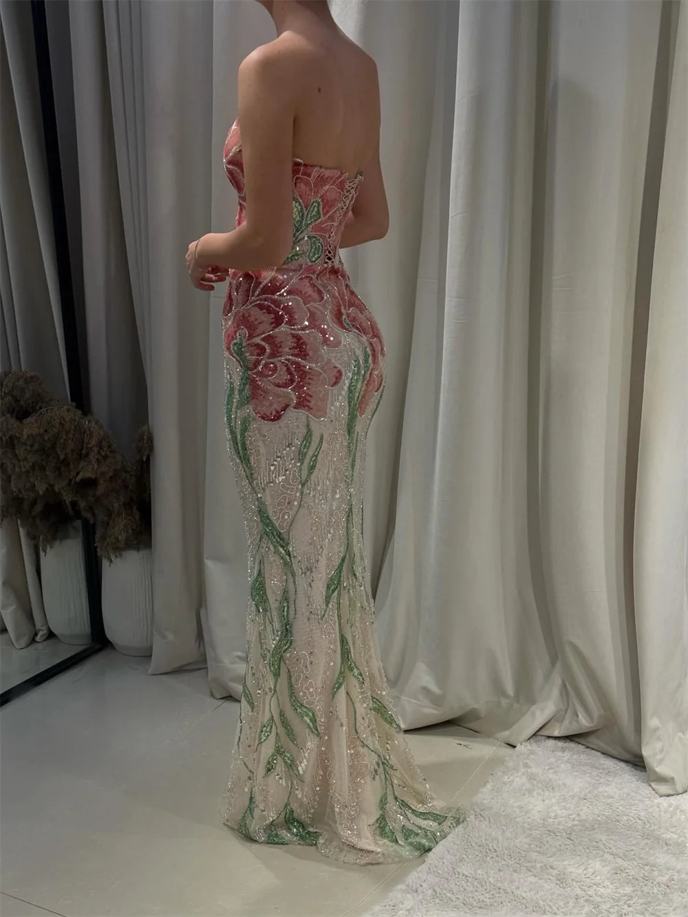 Sansa Customized Champagne Prom Dresses Elegant Strapless Floral Beaded Mermaid Lace-up Back Vestidos De Noche Floor Length Form
