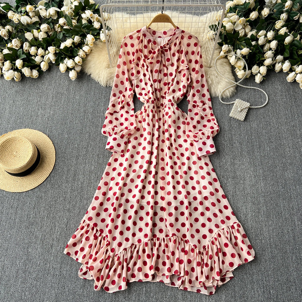 Retro Elegant Pleated Puff Sleeves dot sweet Dress Beach Vacation Casual Women A-LINE chiffon Fashion Summer basics Dresses