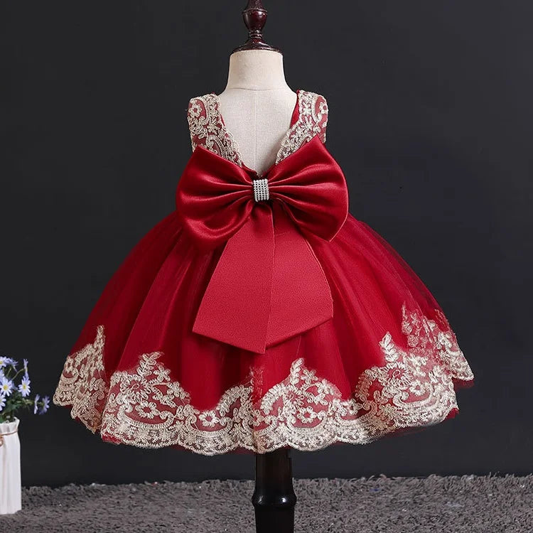 Girl's Dress 2025 New Girl's Embroidered Bow Princess Dress Fashion Open Back Mesh Dress Banquet Performance Evening Dress