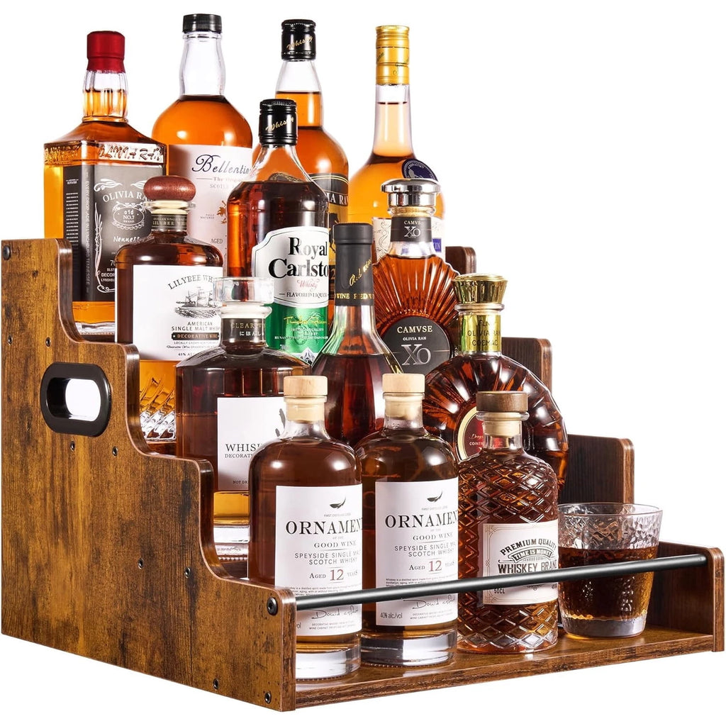 Liquor Bottle Display Shelf, Coffee Syrup Rack Organizer, 3 Step Countertop Liquor Wine Rack, Mini Bar, Liquor Cabinet, Home Retro Bar Shelf Stand for Liquor Whiskey, Spirits