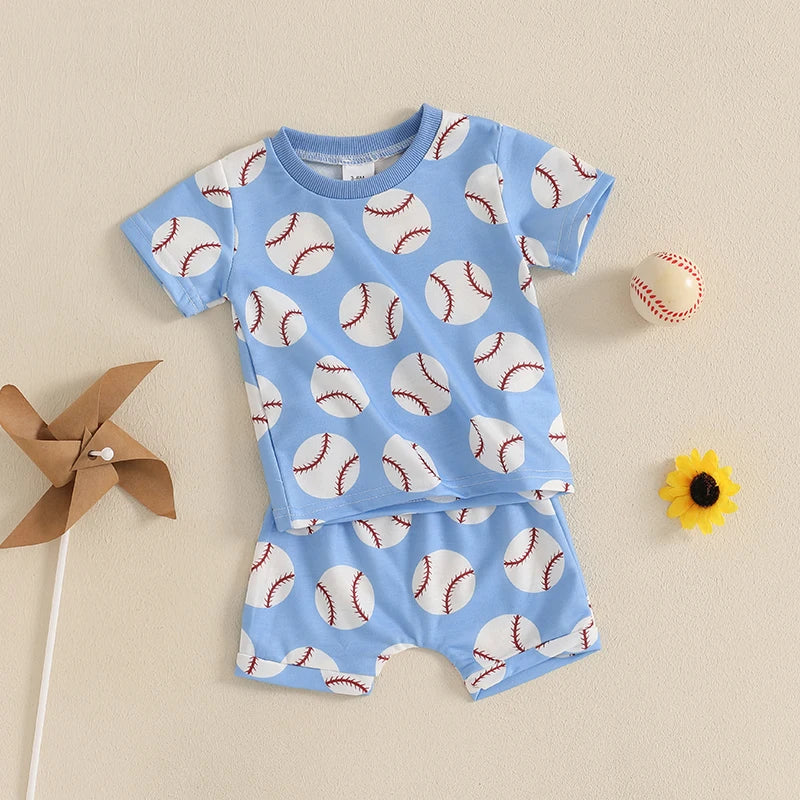 Toddler Baby Boy Shorts Set Baseball Print Short Sleeve T-shirt Elastic Waist Shorts Summer Outfit