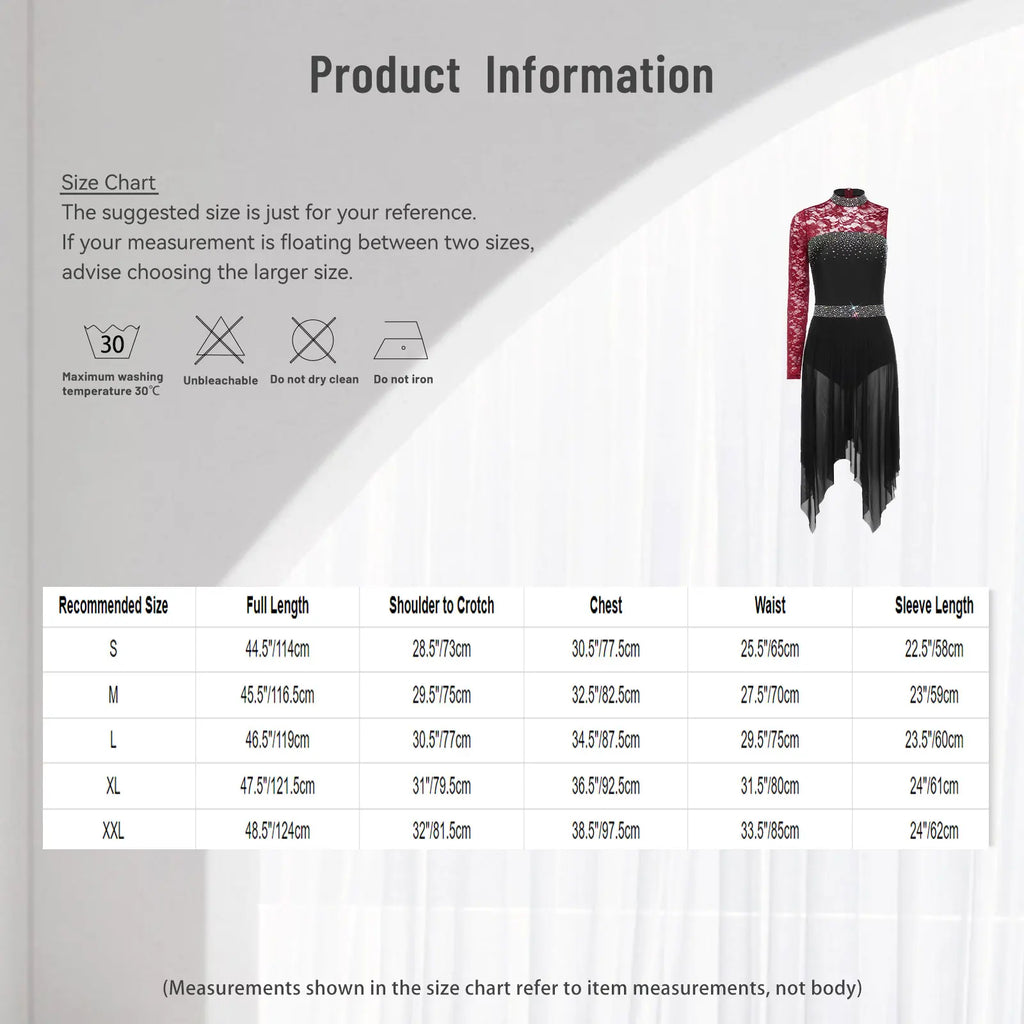 Women Lyrical Figure Skating Dance Dress Rhinestones Ballet Waltz Contemporary Dancewear Floral Lace Long Sleeve Mesh Leotard