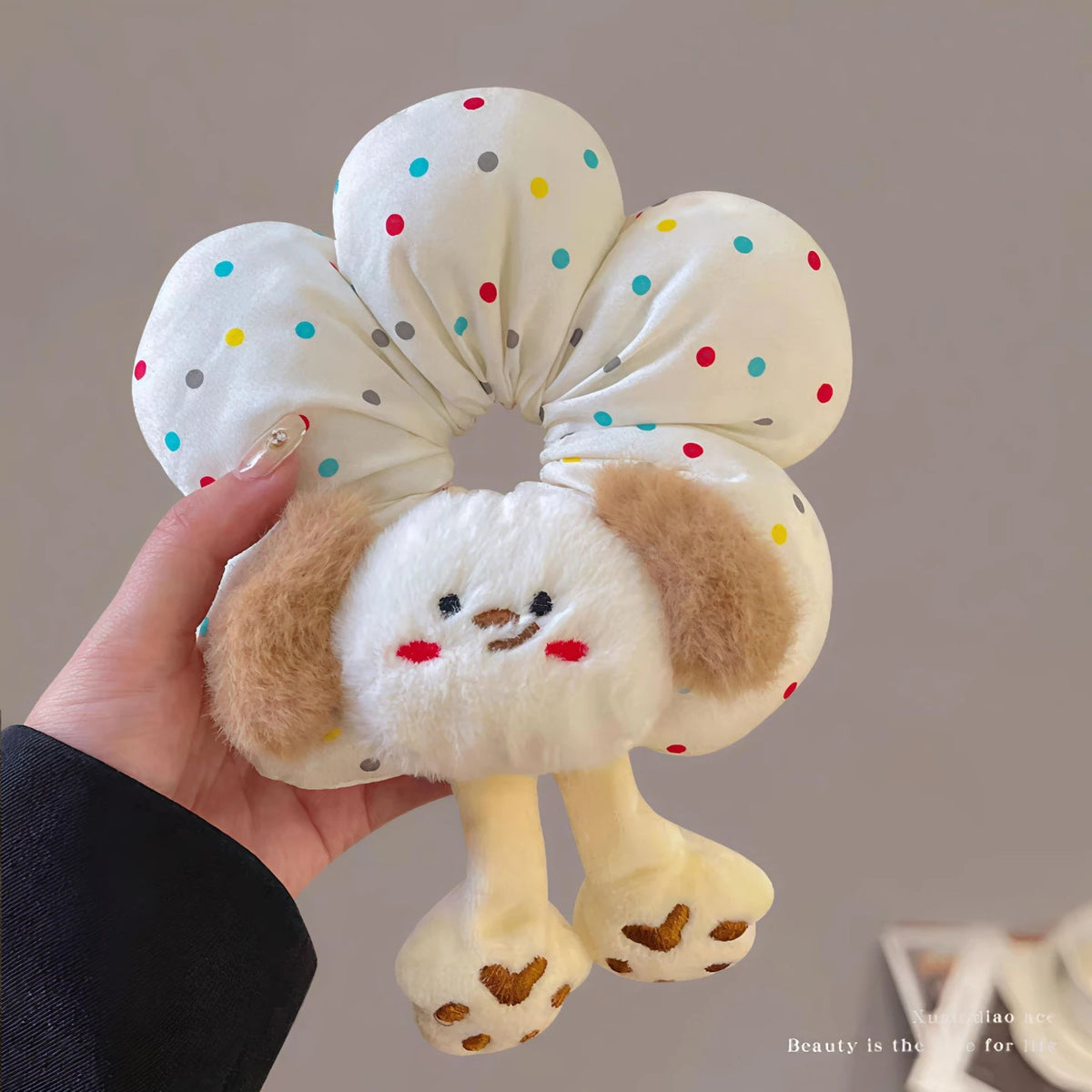 1pc cute cartoon animal  flower large intestine scrunchie, cotton three-dimensional puppy head rope little yellow duck hair rope