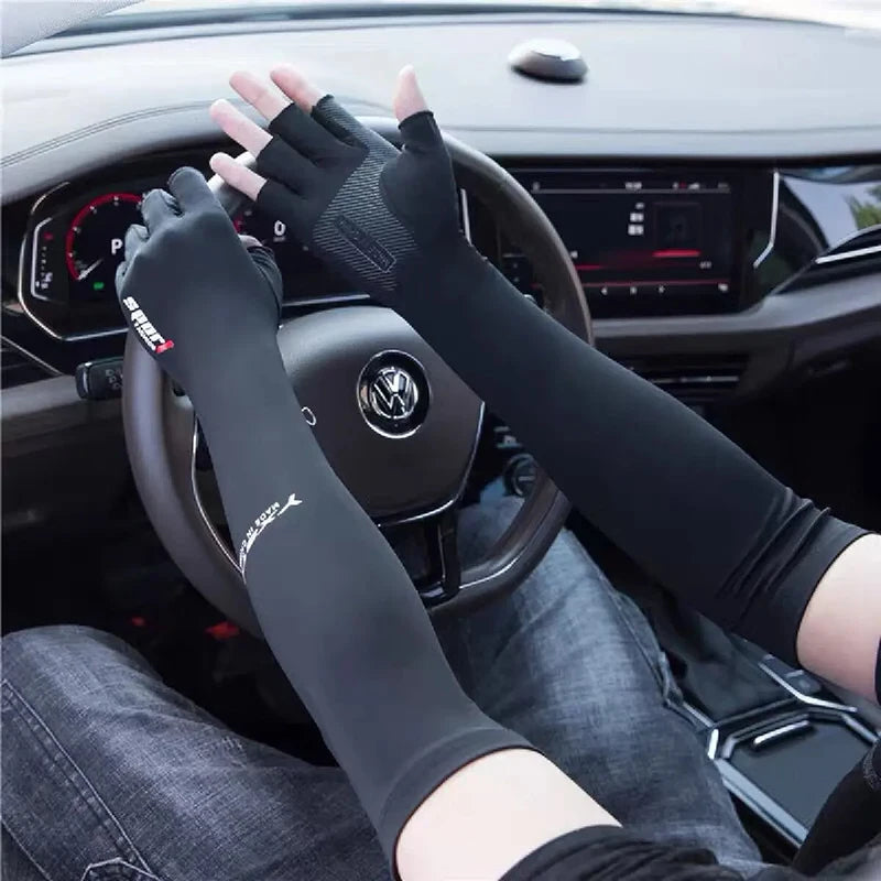 Men's and Women's Summer Outdoor Sports Ice Silk Sunscreen Full Arm Gloves Breathable Exposed Double Finger Sleeves