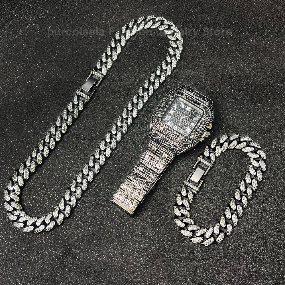 Purcolasia Golden Silver Color Hip Hop Cuban Necklace +Watch+Bracelet Iced Out Twisted Chain Jewelry Sets for Men