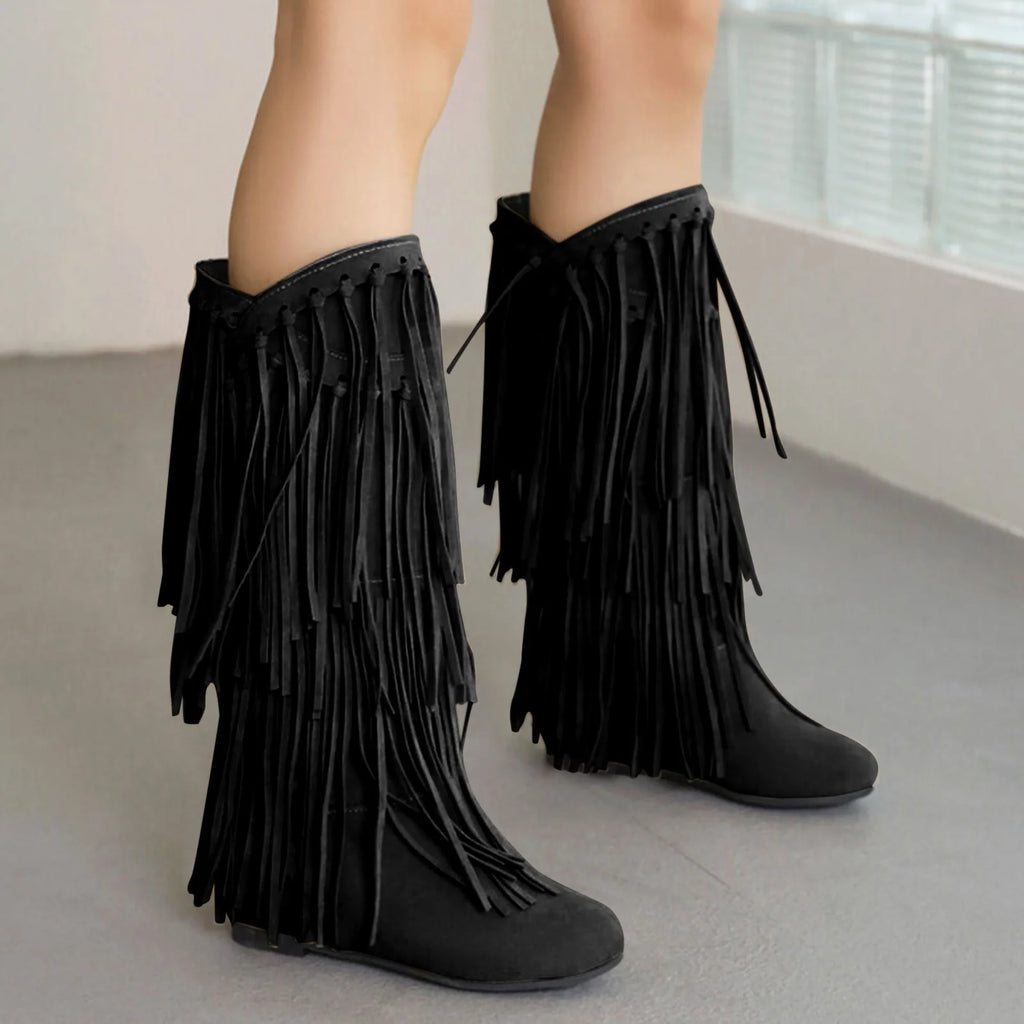 Boots Women Mid Calf With Heel Women'S Winter Chunky Heel Fringe Boots Inside Booster Mid Faux Leather Western Boots