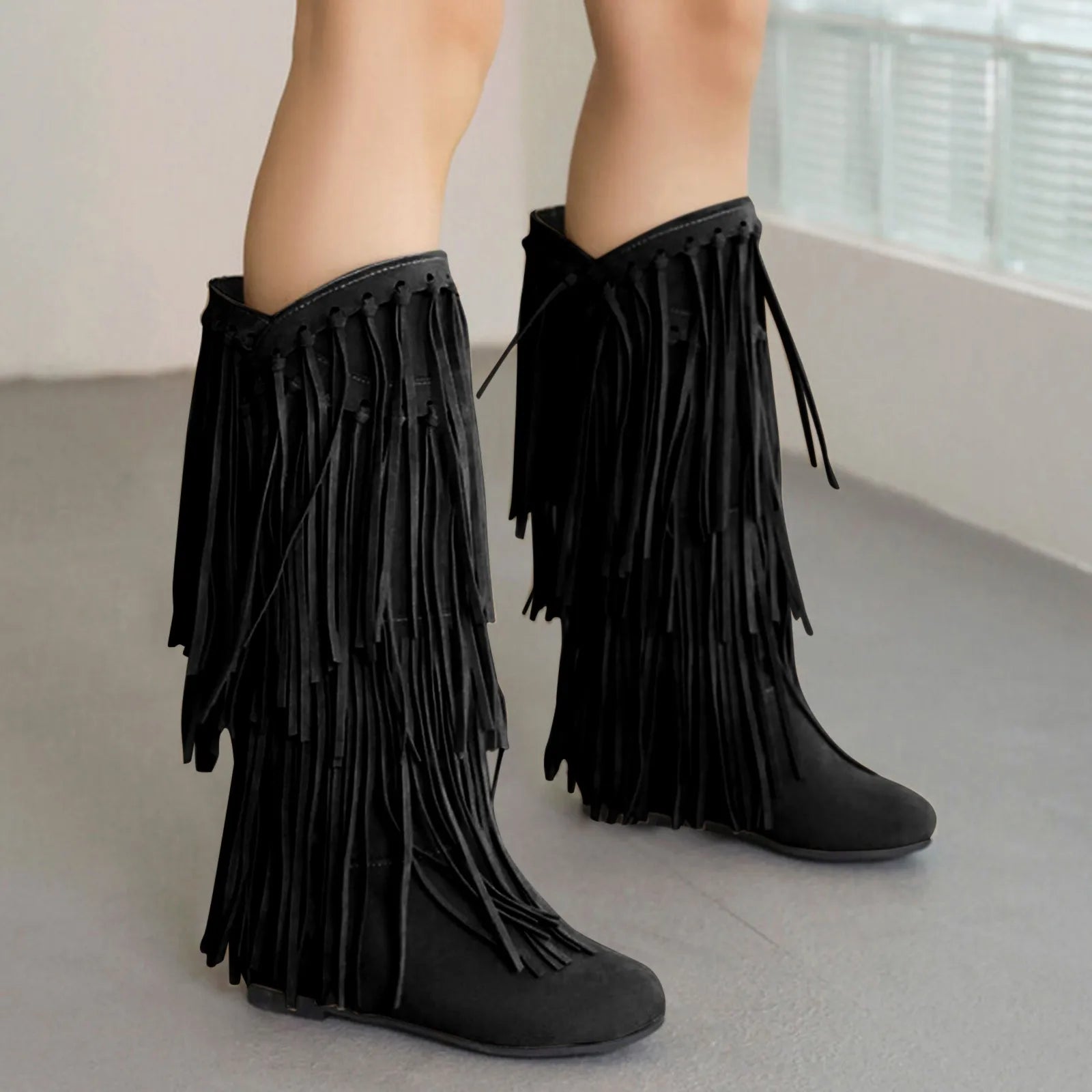 Boots Women Mid Calf With Heel Women'S Winter Chunky Heel Fringe Boots Inside Booster Mid Faux Leather Western Boots