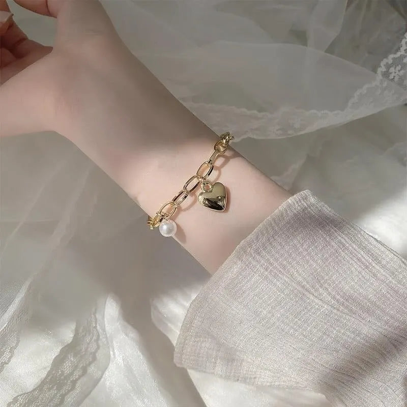1pcs Gold-color Bracelet Ladies Simple Style Thick Cross Chain With Love Human Head Cross Pearl Pendant