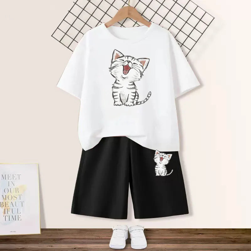 Girls Happy Cat Printed 2PC Outfit Set Summer Fashion Short Sleeve T-Shirt And Shorts Combo Cute Kids Clothing