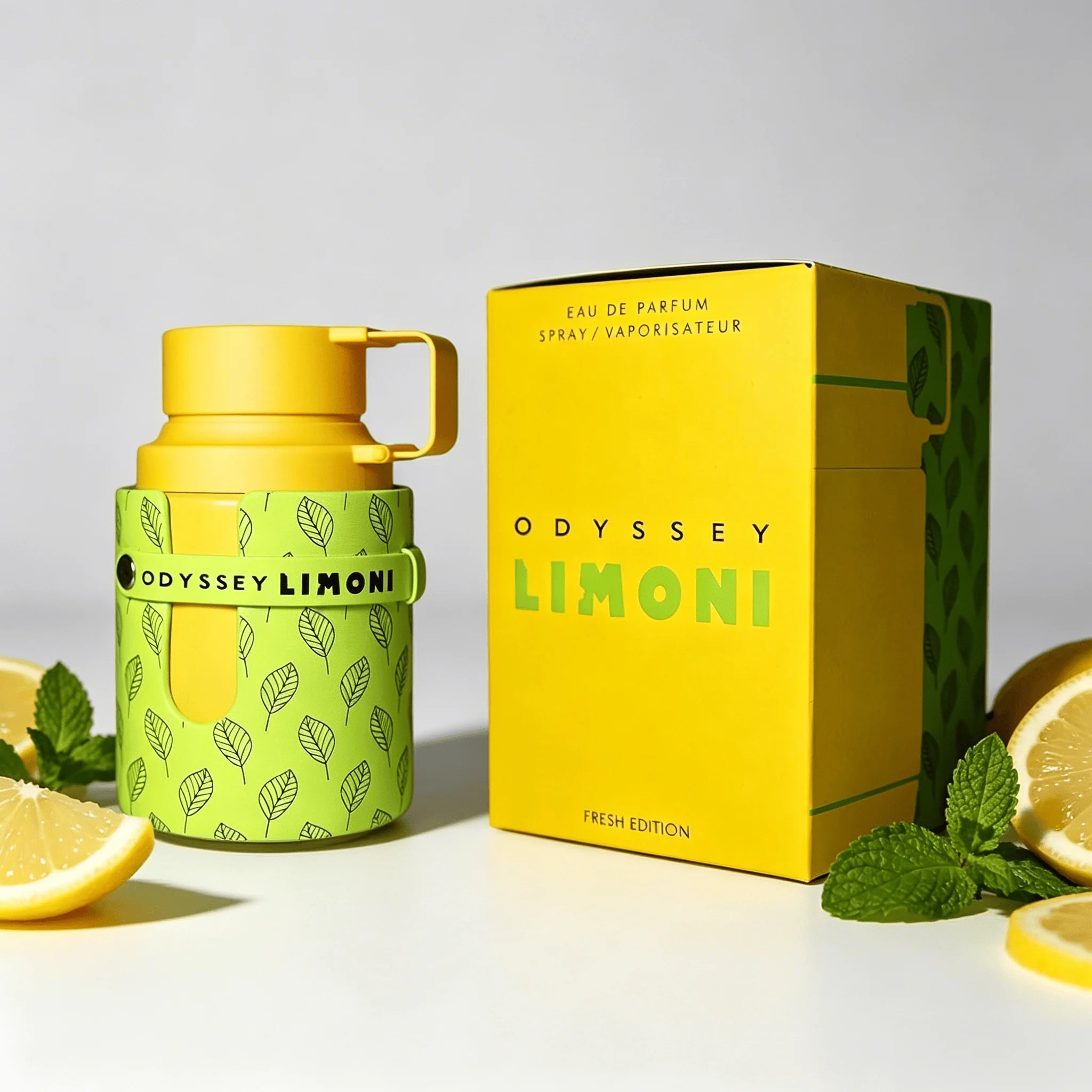 Armaf Odyssey Limoni Fresh Edition Unisex EDP Perfume Refreshing Lemon Citrus Perfume Leaf Pattern Cylinder Bottle Summer Luxury Gift Perfume for Him Her
