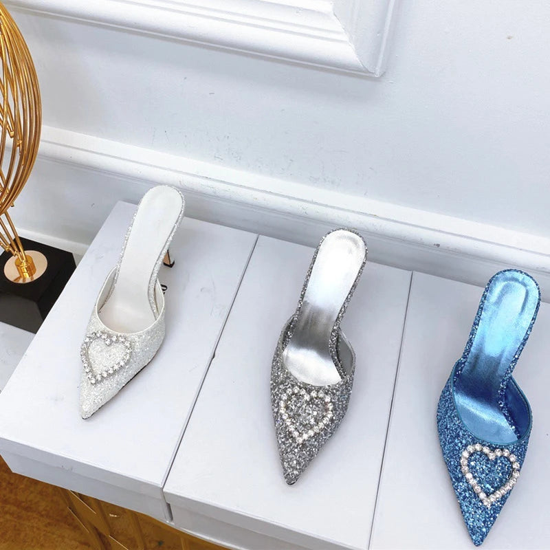 2023 New Shallow Mouth High-heeled Women's Shoes Love Rhinestone Shining Thin Heel Slippers Pointed Women's Single Shoes