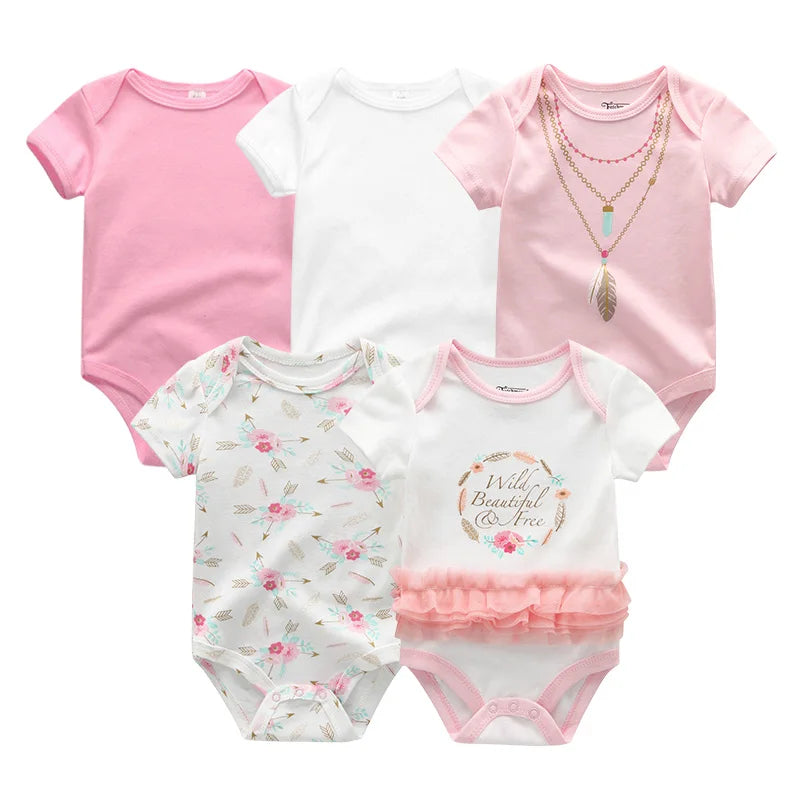 Newborn Bodysuits Unisex 5Pieces Baby Girl Clothes Solid Color Cotton Baby Boy Clothes Set Cartoon Print Summer Bebes