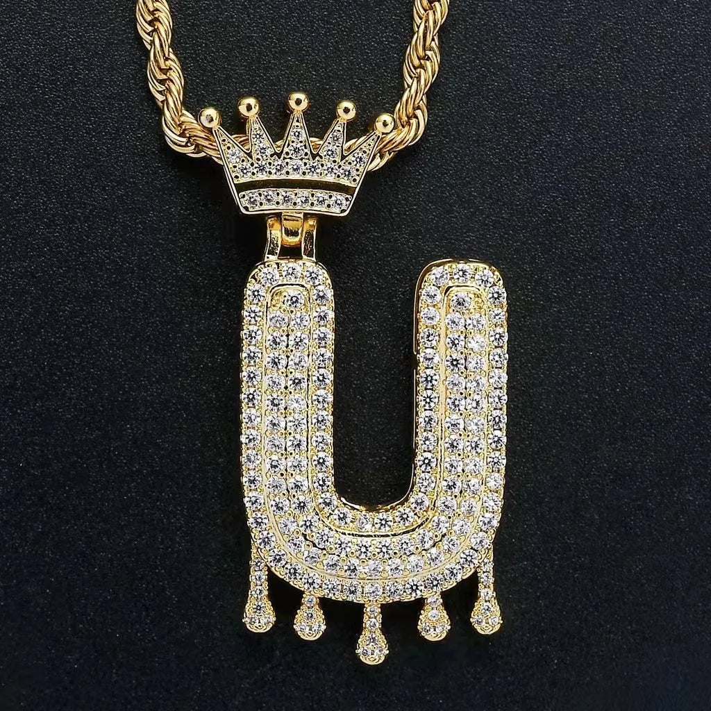 Hip Hop Iced Out Bling Cubic A-Z Drip Crown Zircon Initial Letters Necklaces Pendant Necklace Chain Men Jewelry with Rope Chain