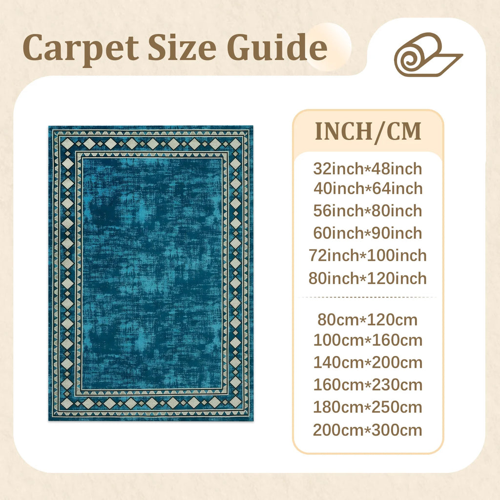Large Indoor Area Rug, Soft Velvet Low Pile with Non-Slip Dotted Backing, Machine Washable Teal Tribal Geometric Border Rug for Living Room and Bedroom