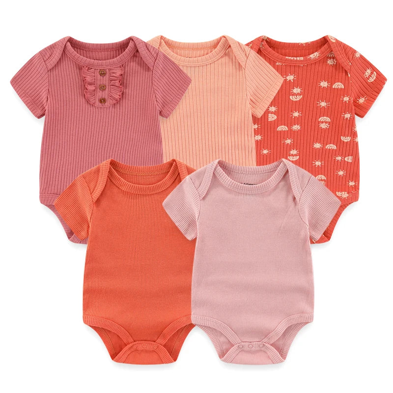 Newborn Bodysuits Unisex 5Pieces Baby Girl Clothes Solid Color Cotton Baby Boy Clothes Set Cartoon Print Summer Bebes