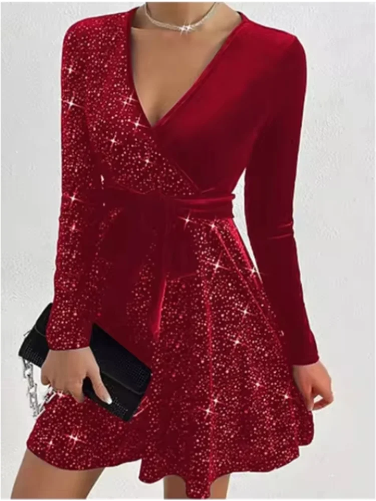 4 Color Sparkling Mini Dress Women's Sexy A-Line Long Sleeved Dress Spring Autumn Party Solid Color Dresses New Year