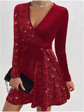 4 Color Sparkling Mini Dress Women's Sexy A-Line Long Sleeved Dress Spring Autumn Party Solid Color Dresses New Year