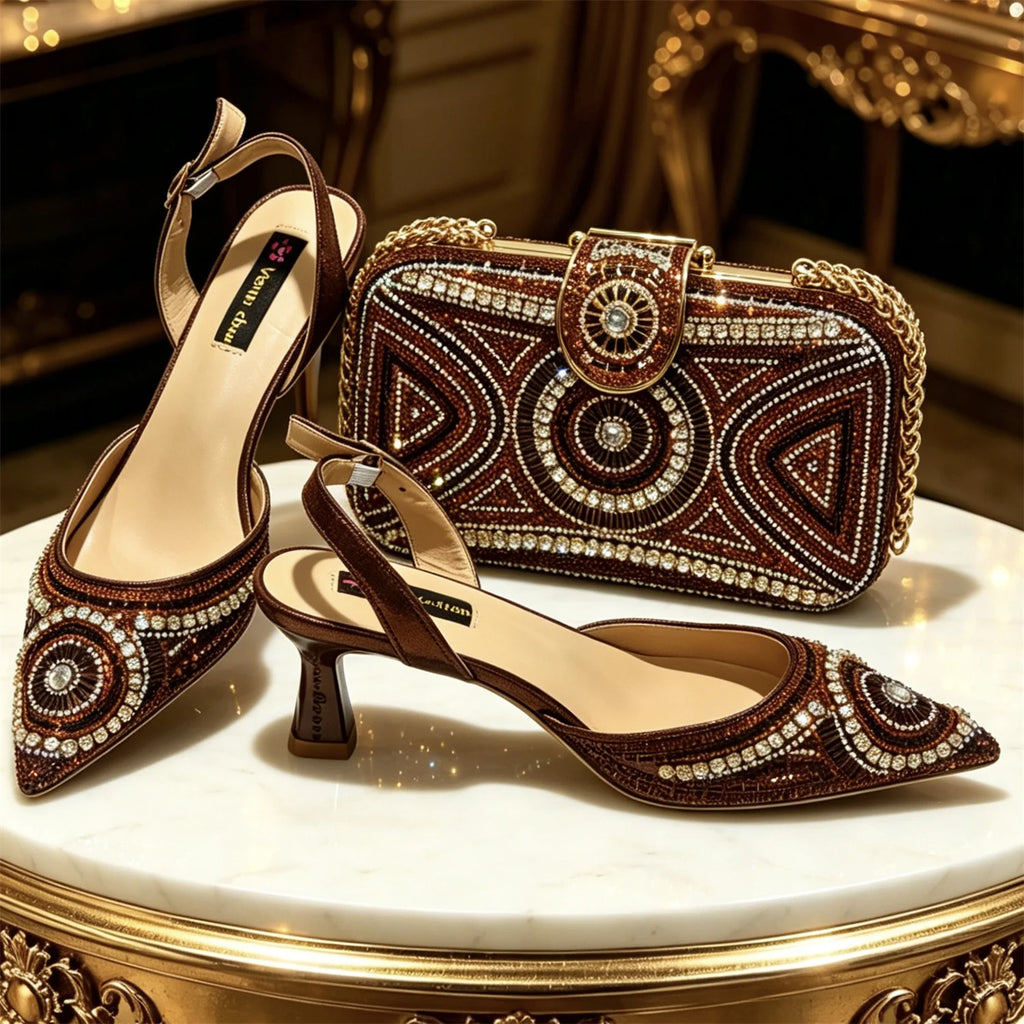 Elegant Purple Pointed Pumps Decoration Wavy Rhinestone Evening Bag For Wedding Women Heels Shoes Matching Bag Heels