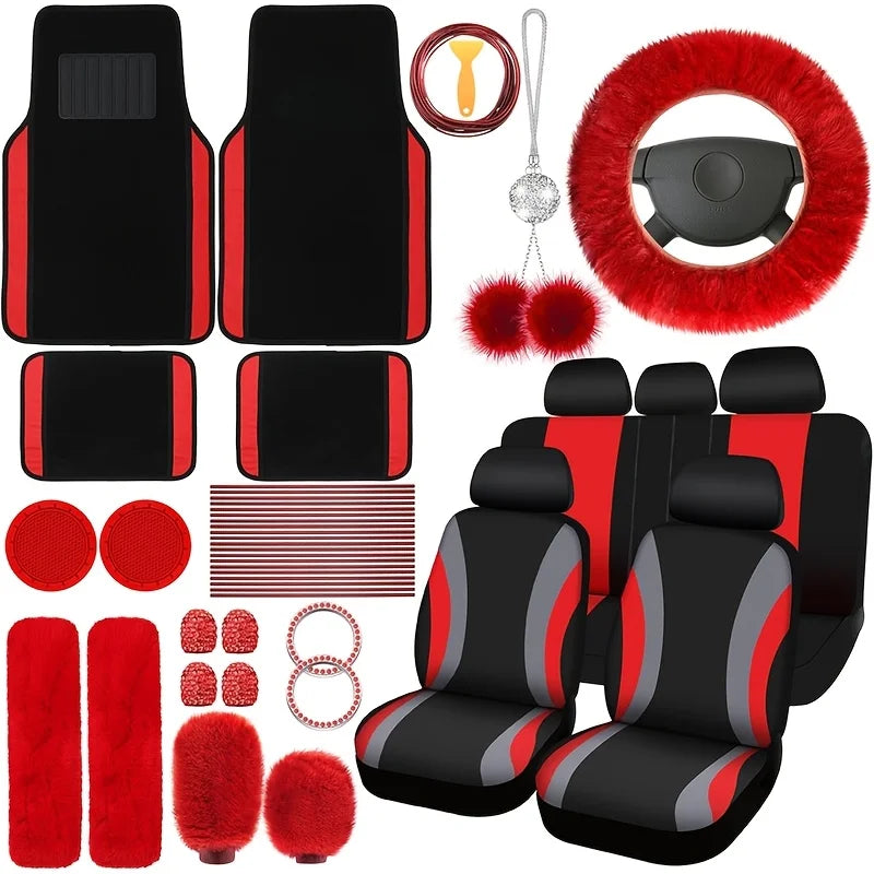 41pcs General Motors Interior Additions Set Including Seat Covers, Steering Wheel Cover, Seat Belt Cover, Car Floor Mats, Easy to Install, Durable, All-Season Protection