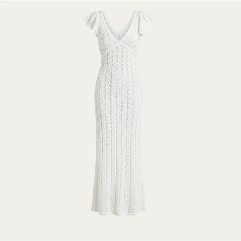 Tossy Ruffled Hollow Out Knit Long Dress Women V-Neck Fashion Patchwork See-Through Beach Holiday Dress Knitwear Female Dress