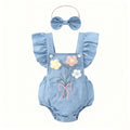 Baby Girl Soft Denim 3D Flower Embroidered Flutter Overall Romper + Bow Headband, Cute 2-Piece Outfit