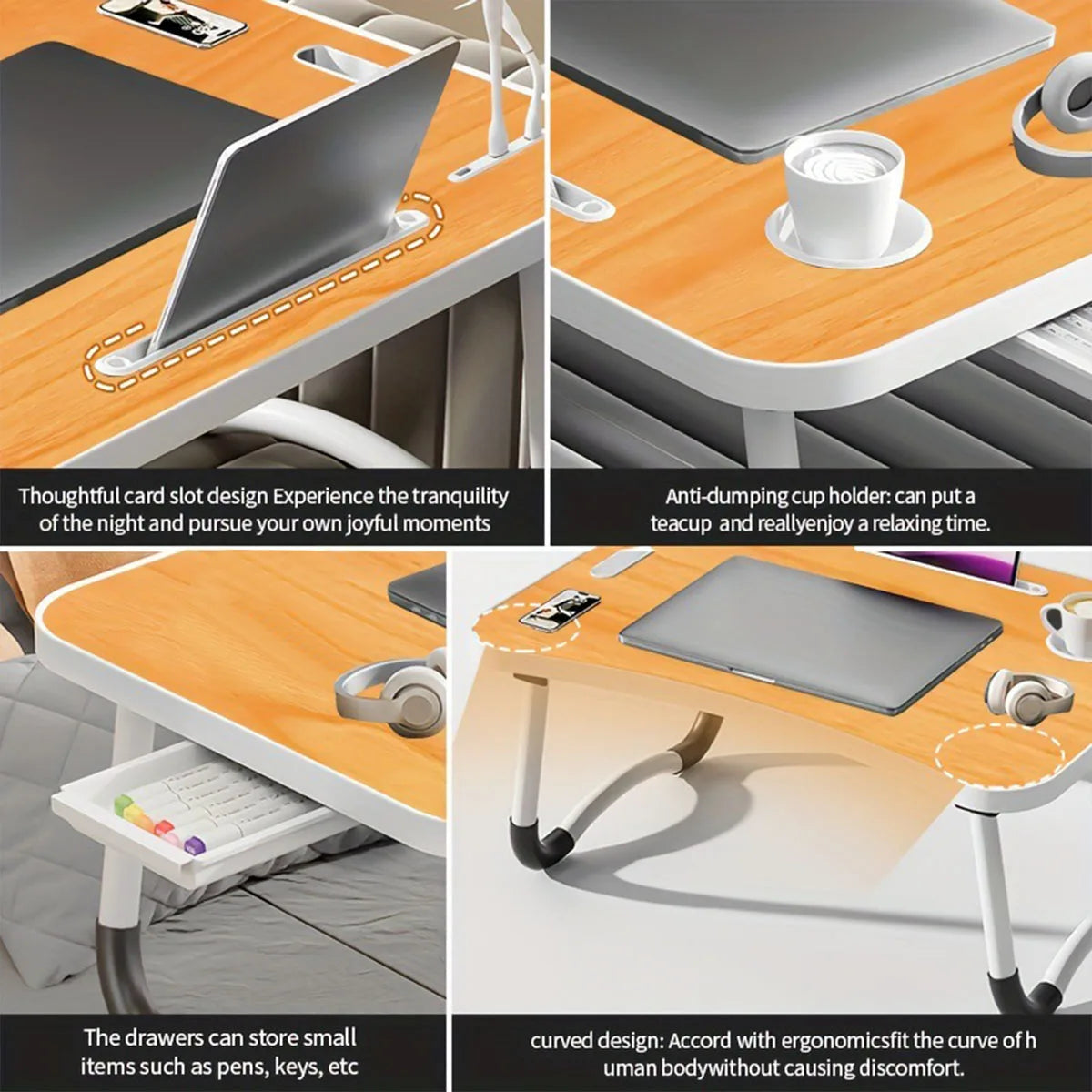 Portable Laptop Desk with USB Light & Fan, Built-in Cup Holder & Tablet Slot, Foldable Adjustable Laptop Table for Bed Sofa Work