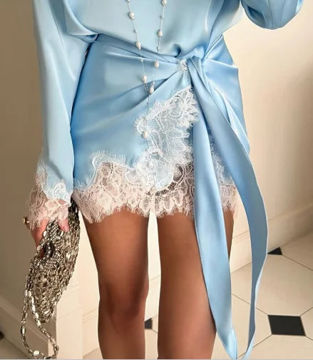 Satin Lace Patchwork Dress Women Long Sleeve O-neck Casual 2026 Spring Female Dresses Casual Solid Beach Robe not contain pearls