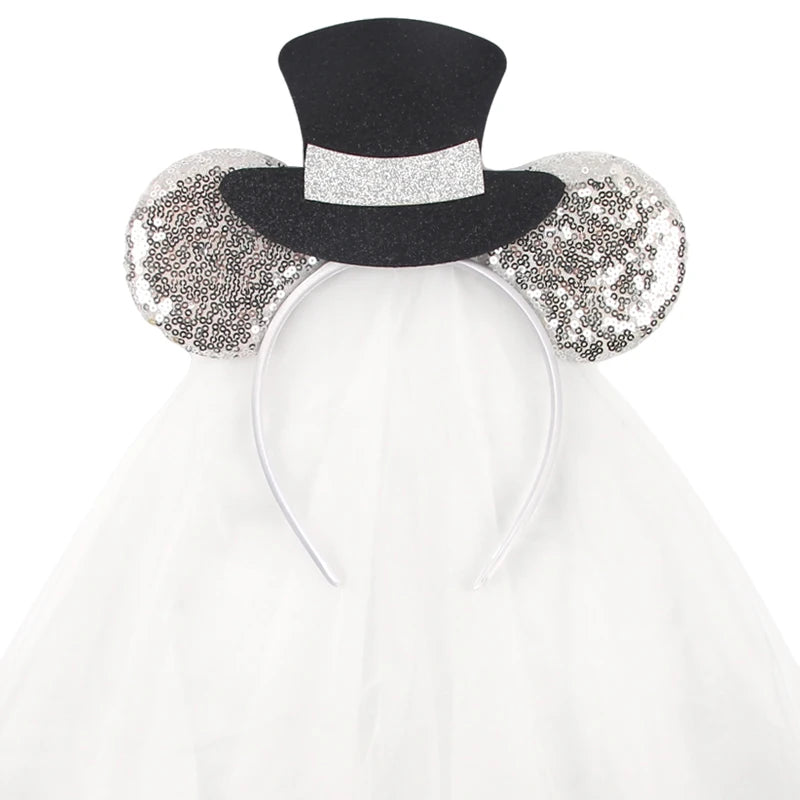 White Day Mouse Ears Headband With Veil Sequins 5"Bow Headwear For Women Festival Hairband Single Party DIY Hair Accessories
